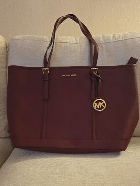 Michael Kors Wine Red Leather Tote with Gold MK Charm
